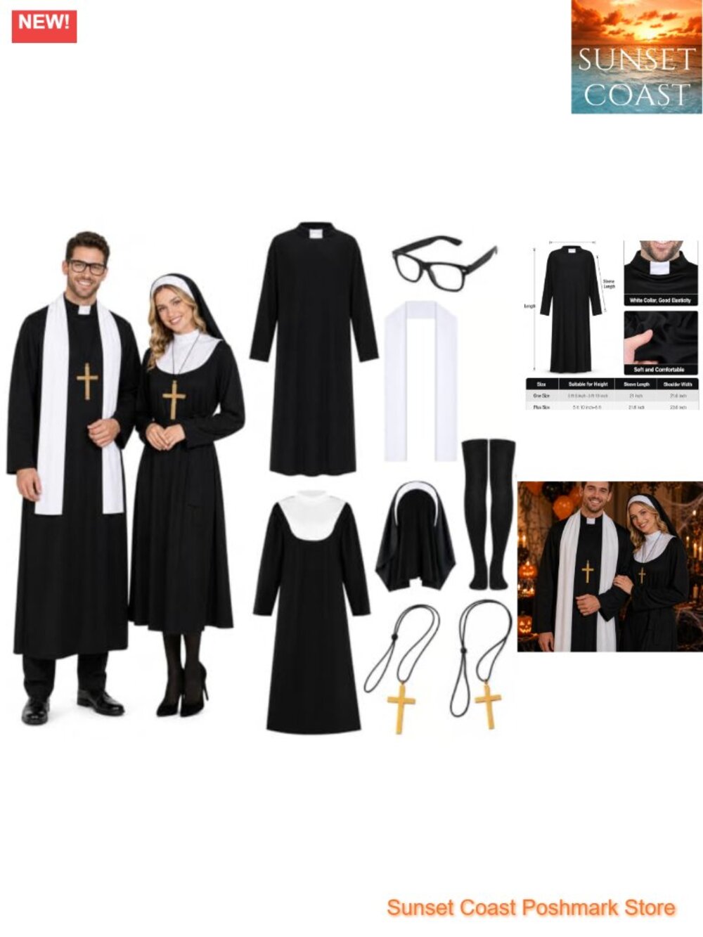 Priest and Nun Couple Costume Set Robes Stole Socks Glasses Necklaces Halloween